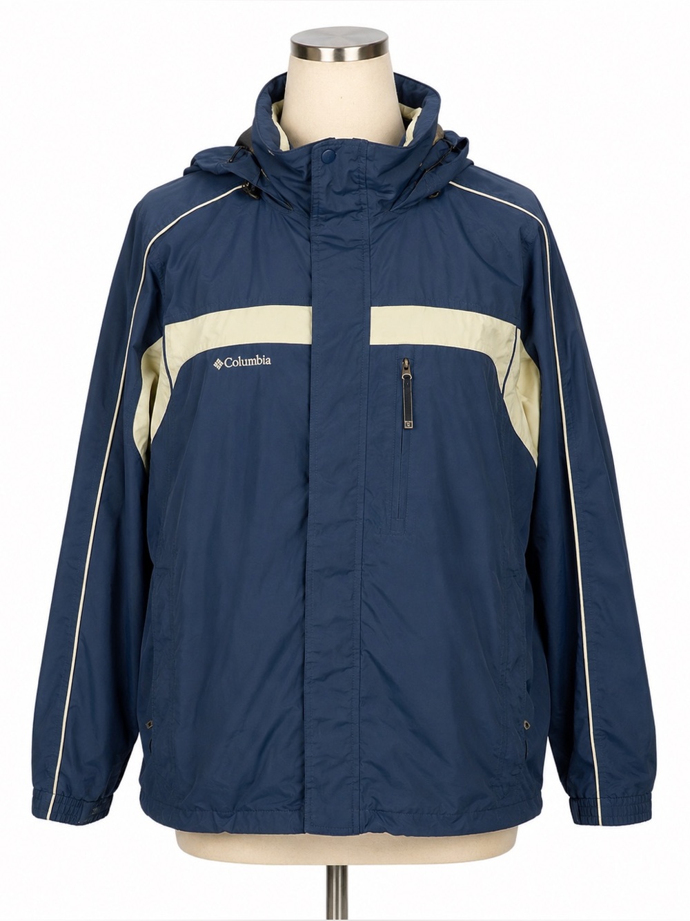 Columbia Womens Navy Cream Hooded Rain Jacket – Omni-Tech 3K – Size L